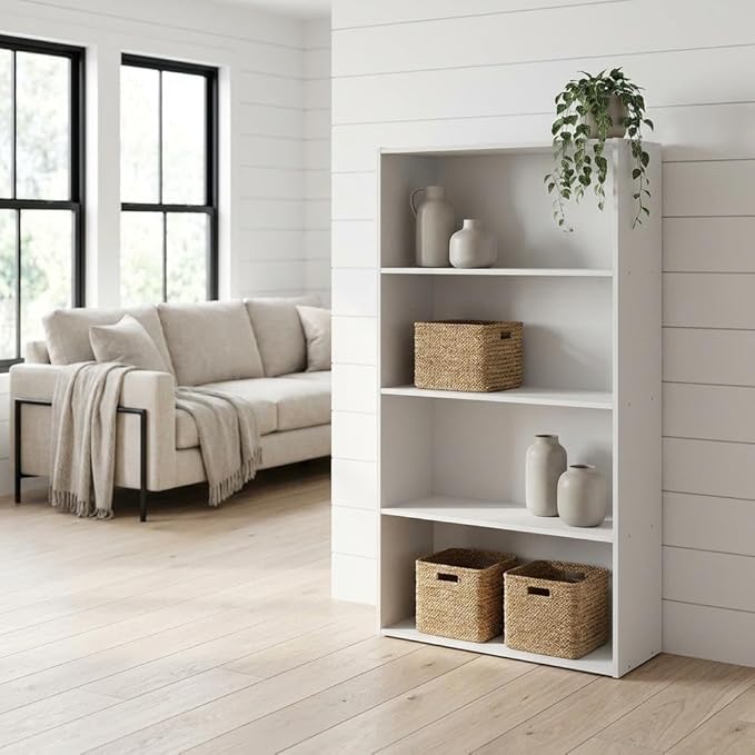 Furnifact White Bookcase with Sturdy Wood Construction, Spacious Shelving, Contemporary Style for Home Office Living Room Storage