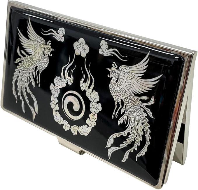 Mother of Pearl Business Card Case Credit Id Name Holder Travel Wallet Art Painting Design Metal Stainless Steel Engraved Slim Purse Pocket Cash Money Wallet (Phoenix)