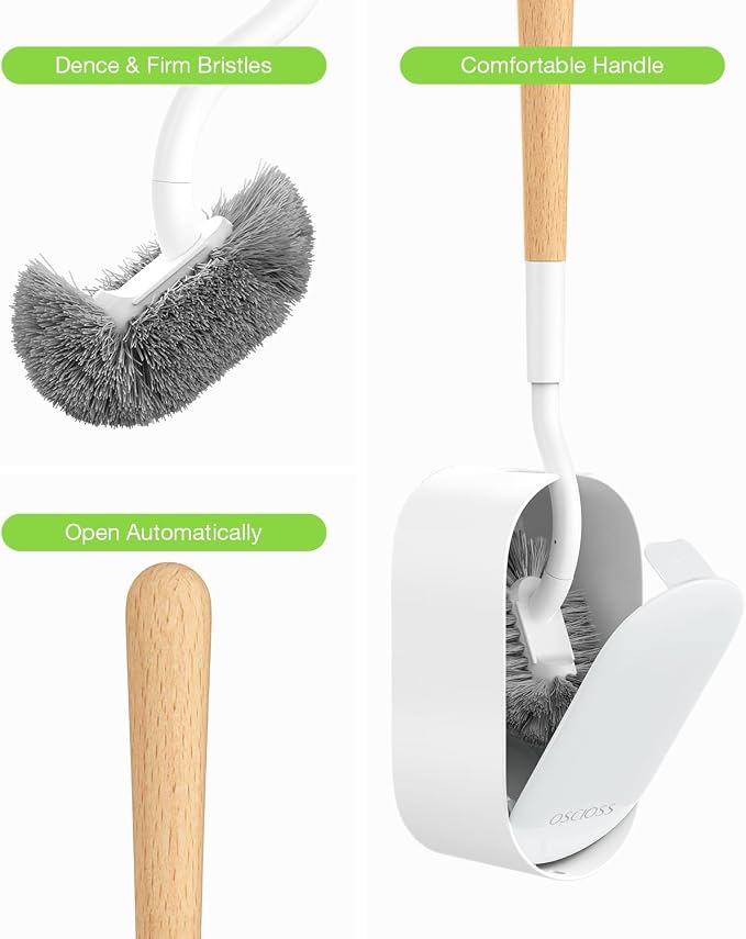 OSCIOSS Bamboo Toilet Brush Set, 2 Pack with Ergonomic Design, Compact Size, Durable Bristles, Wooden Holder for Bathroom Cleaning