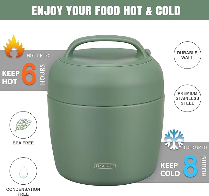 Thermo Food Jar for Hot Food Adults 32OZ Soup Thermo Lunch Containers Wide Mouth Vacuum Insulated Stainless Steel Leakproof Bento Box with Spoon (NEW-GREEN)