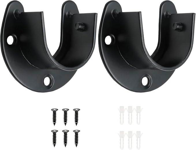 Closet Rod End Supports, 1-1/3 Inch, Black, 2 Packs | Stainless Steel, Heavy Duty, U-Shaped, With Screws