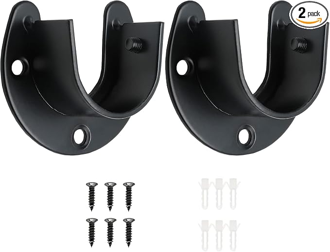 Closet Rod End Supports, 1 Inch, Black, 2 Packs | Stainless Steel, Heavy Duty, U-Shaped, With Screws