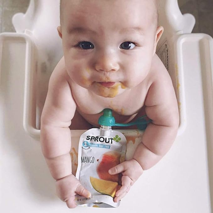 ChooMee SoftSip Food Pouch Top | Baby Led Weaning | No Spill Flow Control Valve, Protects Childs Mouth, 100% Silicone, BPA Free | Orange Aqua, 4 CT