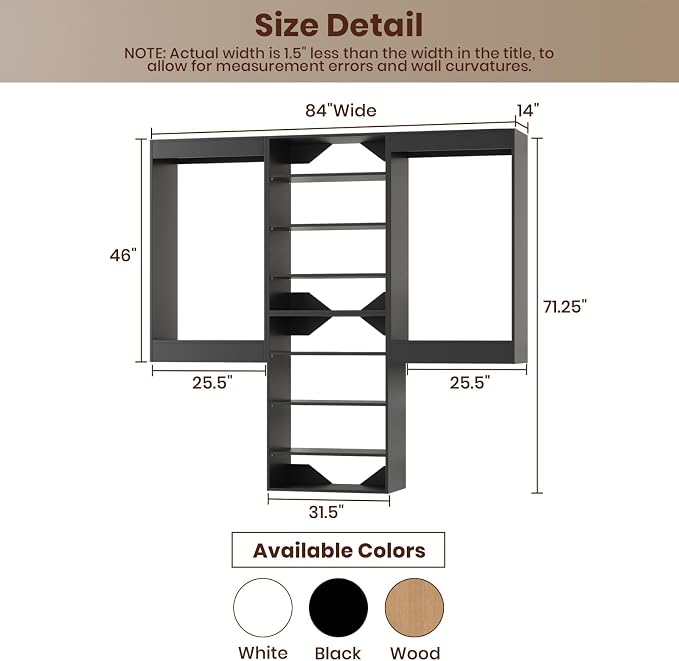 ROOMTEC Modular Closet System, 84" Wall-Mounted Closet Organizer with Hanging Rods and Shelves, Wooden Tower for Walk-In Closets, Wardrobe Storage Kit, Black