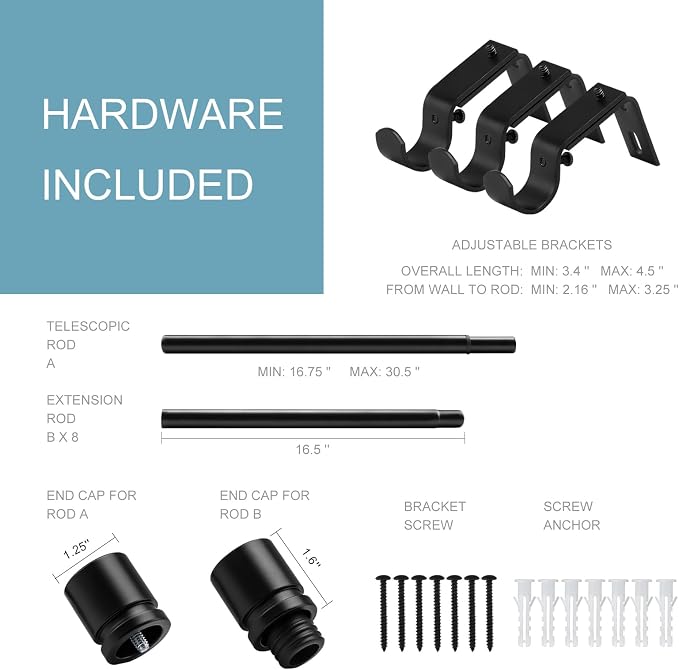 Byondeth Curtain Rods for Windows 16 to 144 Inches Adjustable Length 1 Inch Diameter Window Curtain Rod with Aluminium Finials, Black