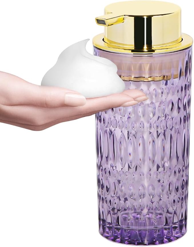 Foaming Soap Dispenser, Purple Glass Soap Dispenser, 14 Oz Refillable Foam Soap Dispenser Pump Bottle Container for Bathroom Kitchen Countertop Decor