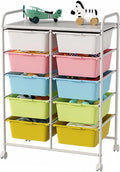 Ytaoka 10 Drawers Rolling Storage Cart, Plastic Drawer Cart with Metal Frame, Multipurpose Art Craft Cart Organizer with Wheels, Utility Cart with Drawers for Home, Office, School, Multicolor