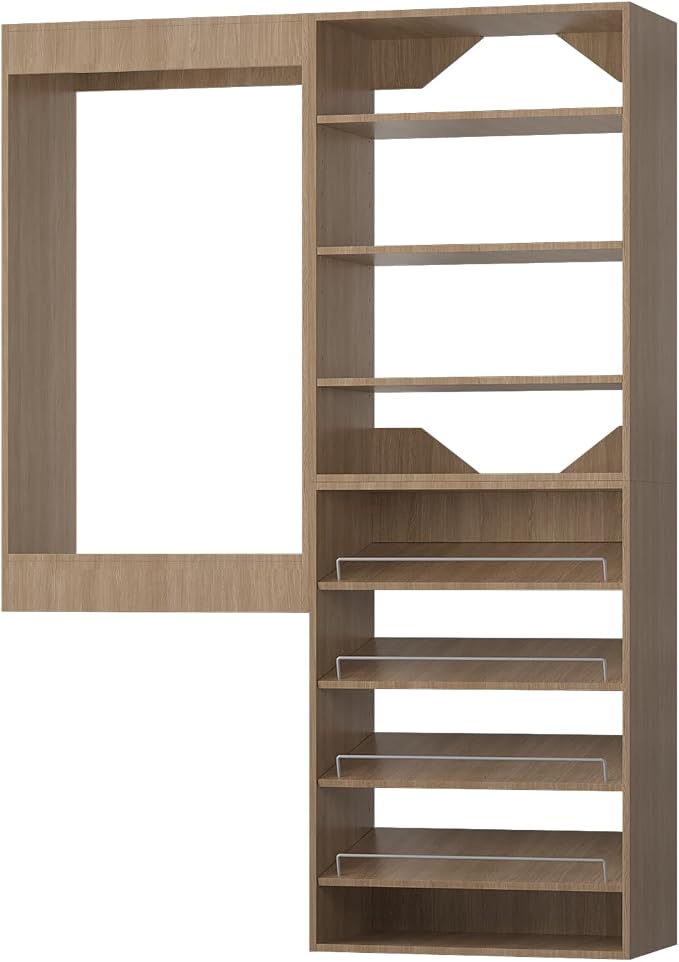 ROOMTEC Modular Closet System, 52" Wall Mounted Closet Organizer with Hanging Rods and Shoe Shelf, Wooden Tower for Walk-In Closets, Wardrobe Storage Kit, Wood