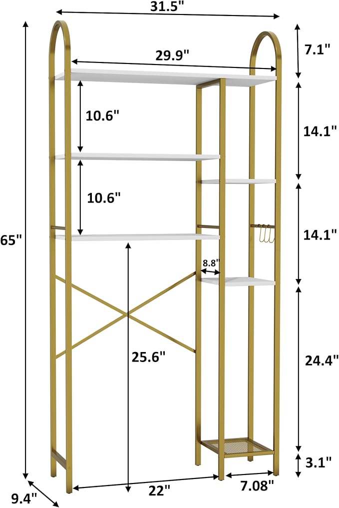 HOMEFORT Over The Toilet Storage with Side Rack, 6-Tier Over Toilet Storage Rack with Adjustable Shelf, Space Saver Bathroom Organizer for Laundry, Balcony, Kitchen,31.5" W x 9.4" D x 65" H, Gold