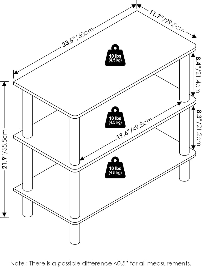Furinno TURN-N-TUBE 3-Tier Toolless Narrow Shoe Rack, White | 11.7 x 23.6 x 21.9, Small Shoes Organizer, Shoe Rack Storage with Freestanding Organizer, for Closet Entryway, Office, Garage