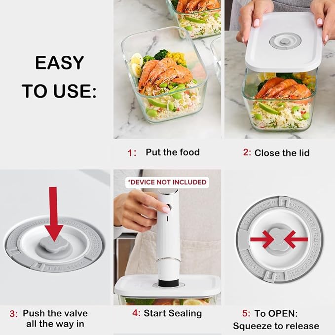 Glass Vacuum Seal Containers for Food Storamge, Vacuum Container with Time Recording Disk, 3 pcs set (S, M, L), BPA-FREE, Dishwasher, Freezer & Microwave Safe Works with Handheld Vacuum Sealer Machine