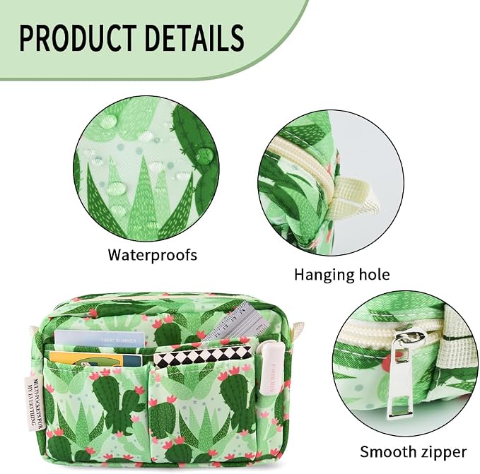 E-WEICHEN Multiple Pockets Portfolio Organizer with Zippered, Makeup Bag Travel Essentials for Women, Simple Waterproof Stationery Pencil Pouch Bag for Journal Office Art Supplies.Green Cactus