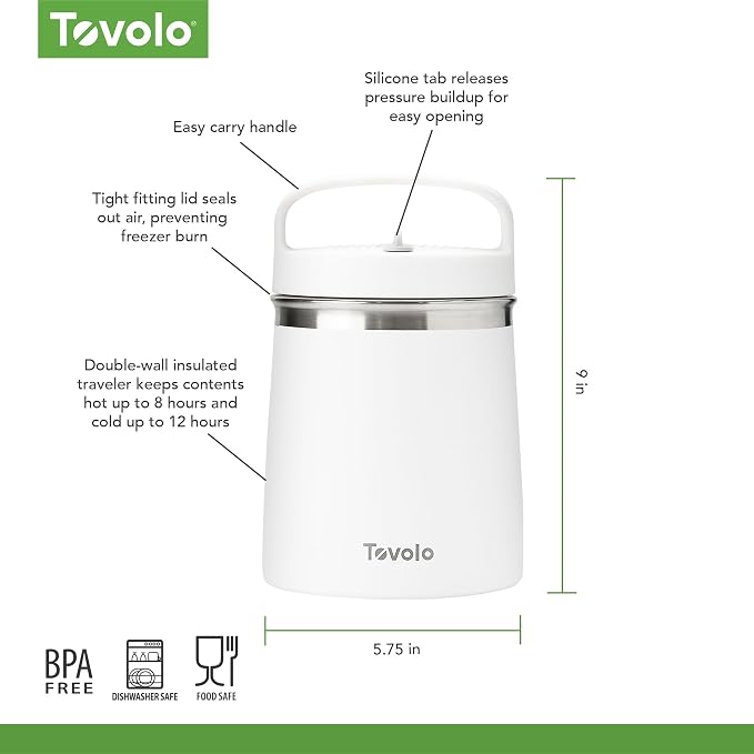 Tovolo Insulated Food Container 2 Quart Food Traveler Thermos for Hot Food and Cold Food Stainless Steel Double Wall Vacuum Insulated Spill Proof Airtight Lid Dishwasher Safe BPA Free White