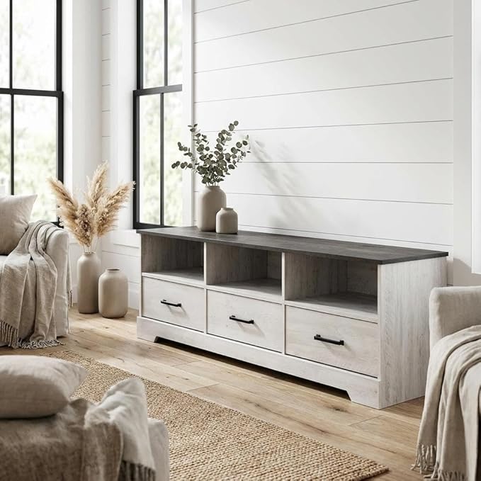 Furnifact Washed White Farmhouse TV Stand with Storage Cabinet and Shelves, Laminate Engineered Wood Entertainment Center with Rustic Design for Living Room
