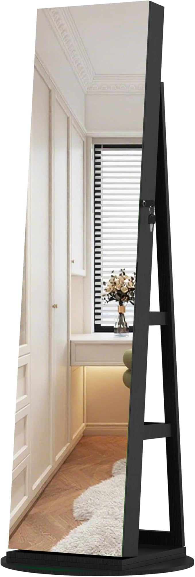 62" 360° Swivel Freestanding Storage Chest, Jewelry Cabinets with Interior Light, Utility Organizer with Lockable Design for Home Dressing, Black