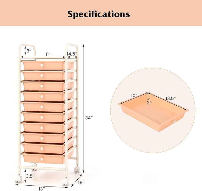 Storage Cart, Rolling Utility Cart with 10 Drawers, Portable Handles & Lockable Wheels, Mobile Paper Toys Storage Organizer Large Capacity for Home Office School Teacher (Peach)