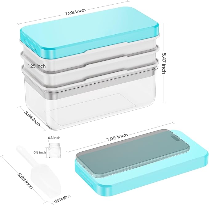0.8“ Ice Cube Tray with Lid and Bin, PHINOX 84 Cubes Ice Trays for Freezer, Ice Cube Trays for Freezer with 3 trays, Container, Lid & Ice Scoop, BPA Free, Blue(28Cubes/Tier)