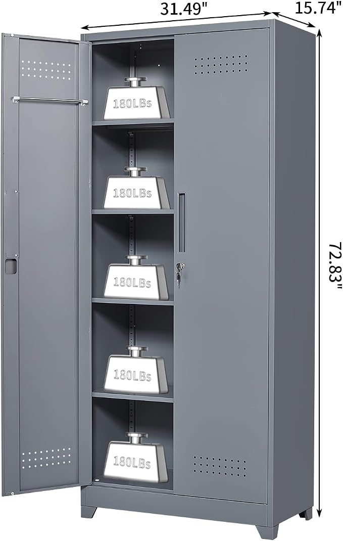 Metal Tool Storage Cabinet, Broom Closet with Hooks, 72.8" Tall Garage Cabinet with Shelves, Heavy-Duty Cleaning Storage for Utility Room, Gym, Office, Garage