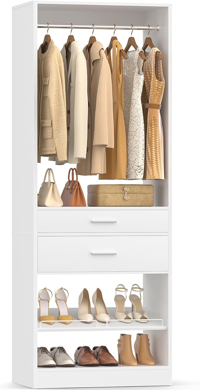 Unikito 25” W x 80'' H Closet Organizer Storage with Hanging Rod and 2 Wooden Drawer, Adjustable Angled Shoes Rack, Sturdy Garment Racks, Walk-in Closet Tower for Bedroom, Mudroom, and Entryway, White