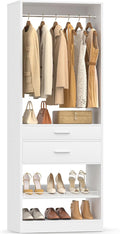Unikito 25” W x 80'' H Closet Organizer Storage with Hanging Rod and 2 Wooden Drawer, Adjustable Angled Shoes Rack, Sturdy Garment Racks, Walk-in Closet Tower for Bedroom, Mudroom, and Entryway, White