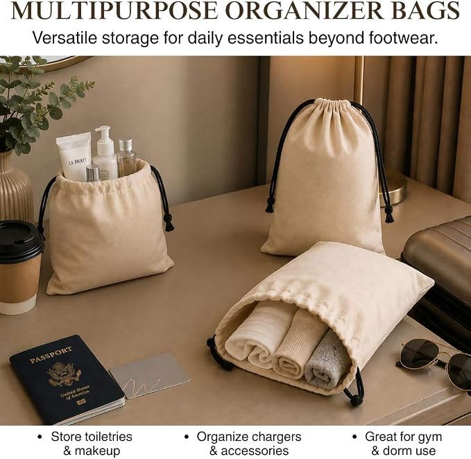 3 Pack Shoe Bags for Travel, Drawstring Portable Shoe Bags for Storage, Travel Essential Cotton Footwear Laundry Bag For Men & Women, Dustproof Reusable Organizer Bags for Sneakers: 15"x12"