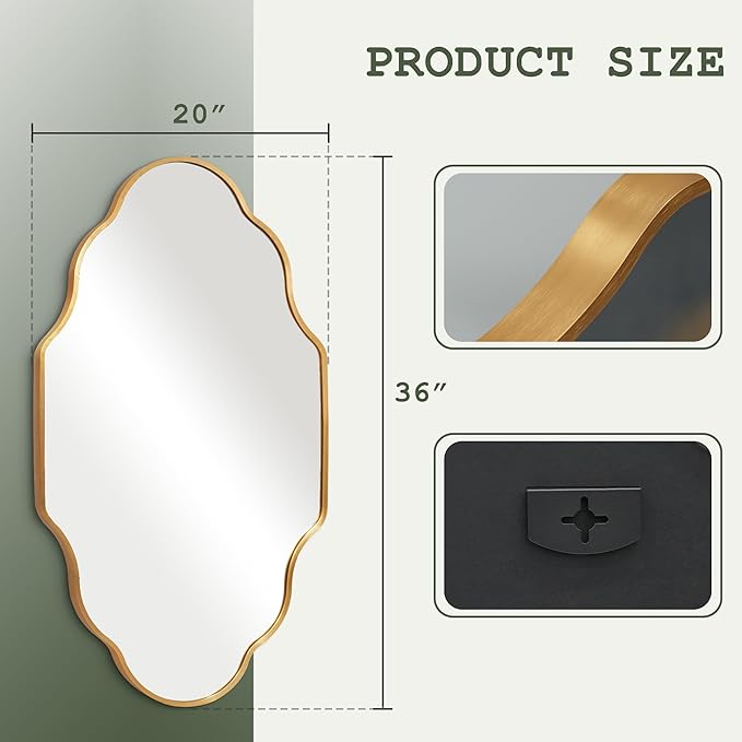 Gold Bathroom Mirror -Wall Decor 20" x 36" Modern Mirror with Aluminum Alloy Frame for Bathroom, Bedroom, Living Room, Dining Room, Cloakroom, Entryway