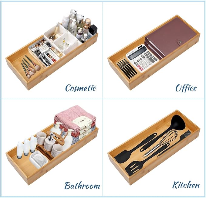 PRATIQUE Bamboo Drawer Organizer - Kitchen Utensil Organizer Silverware Tray Cutlery Holder，Office Desk Supplies and Accessories (8.9x3x2.6 inch)