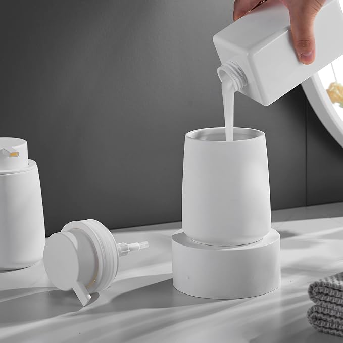 12Oz White Soap Dispenser - Modern Ceramic Lotion Hand Soap Dispenser with Easy-to-Press White Pump, Reusable and Refillable Liquid Dish Soap Dispensers for Bathroom, Kitchen (Rubber Paint)