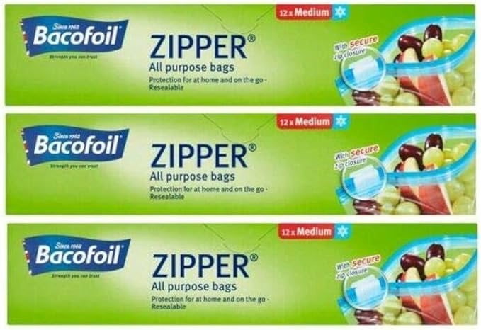 Bacofoil 3 x Zipper Medium All Purpose Bags Food Freezing Storage Bags (total 36 bags)
