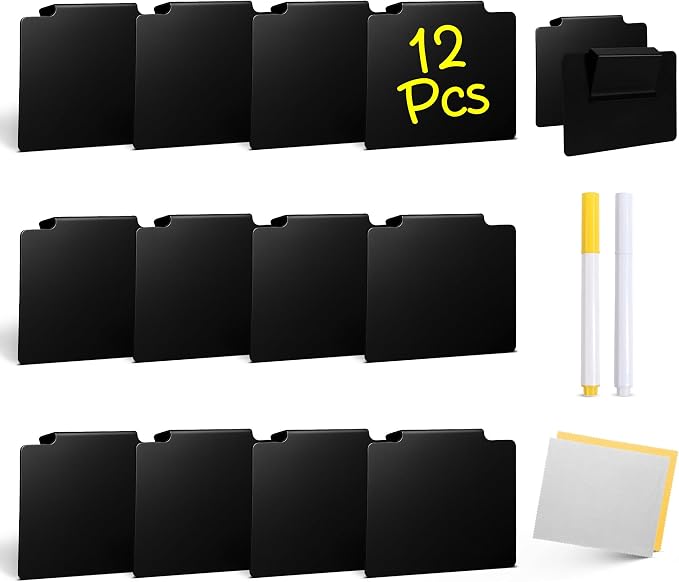12 Pcs Basket Labels Clip on for Pantry Organization and Storage bin Labels with 2 Markers and 2 Wipe Cloths Reusable Chalk Basket Labels - Black Bin Labels Clip on Chalkboard Basket Tags