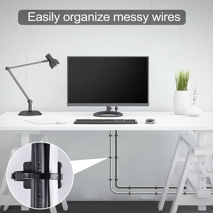 100 Pcs Cable Zip Tie Saddle Type Mounts Base with 8" Cable Ties Tapping Screw, Wire Cable Clips Organizer Holders Clamps Black