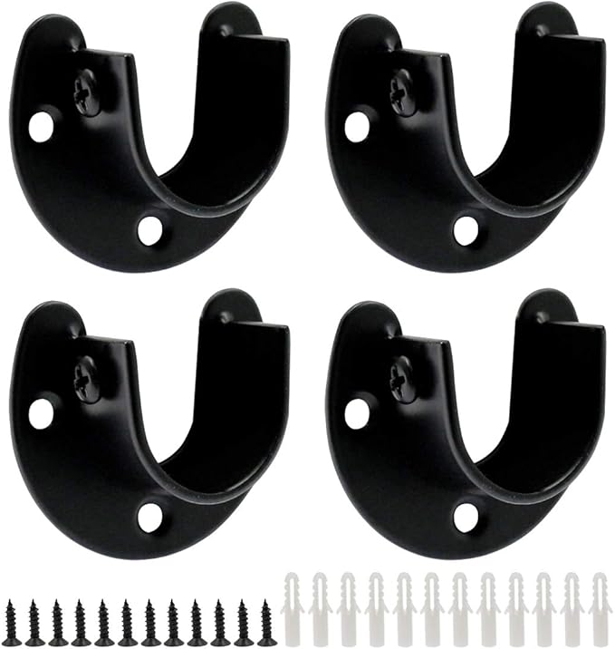 Closet Rod Bracket, 1 Inch Diameter, Black, 4PCS | Heavy Duty, Stainless Steel, U Shaped, Round Rod Socket Flange