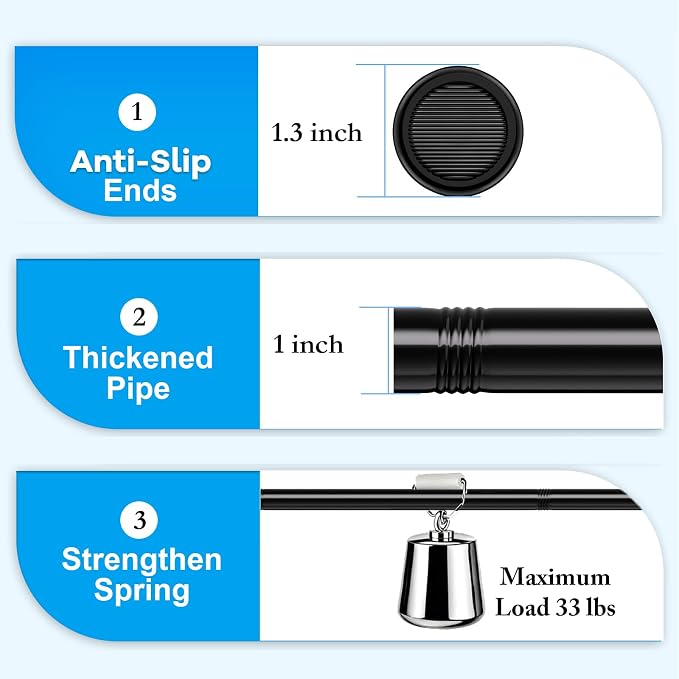 Tension Curtain Rods 27-109 Inch, 1"Diameter | Shower Curtain Rod Spring Long Adjustable for Bathroom Windows Closet No Drilling No Rust, Black