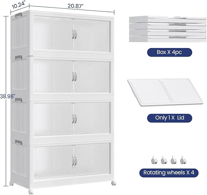 60Gal/240QT 4-Tiers Extra Large Stackable Storage Bins with Lid, Collapsible Cabinet Closet Organizer Plastic Container Box with Wheels Doors Drawers for Living Room Kitchen Office, White