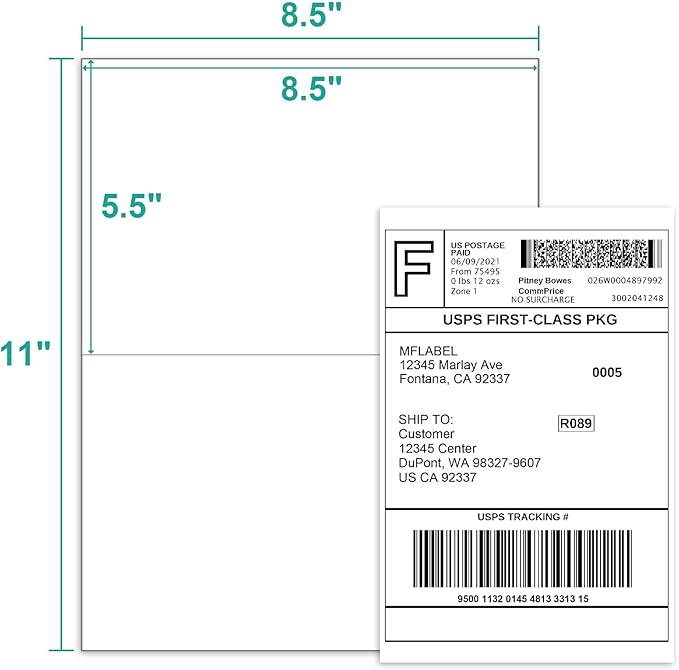 MFLABEL Half Sheet Label Laser/Ink Jet USPS UPS FedEx Shipping Label 8.5 x 11 Inches Packaging Labels, Address Labels for Laser & Inkjet Printers, 5000 Count(2500 Sheets)