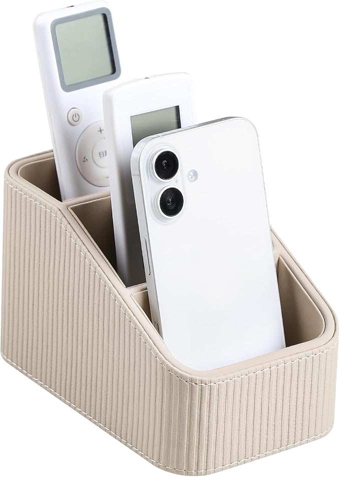 Remote Control Holder, PU Leather Nightstand Organizer, Beige | 3-compartment Remote Bedside Caddy, Soft Velvet Lining, Small Desk Organizer for Remote/Pen/Glasses/Phone