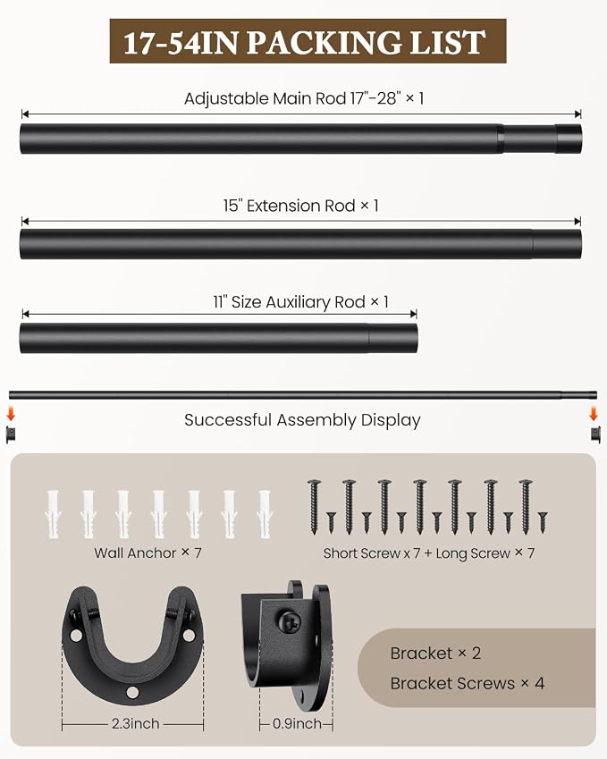 Closet Rod, 17-54 IN Closet Rods for Hanging Clothes, Black | Stepless Adjustable, Supports up to 66 lbs, Multiple Size Options, Easy Installation, Multi Purpose, Wall-Mounted