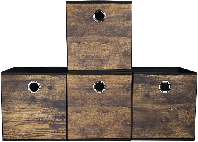 4 Pack Durable Storage Cube Bins with Wood Grain,Thickened Fabric Box,Storage Baskets for Open Shelf,Bookcase,Closet,Storeroom,Bedroom,Living Room,Nursery,Office,Dorm, 10.2x10.2x11in (Small)