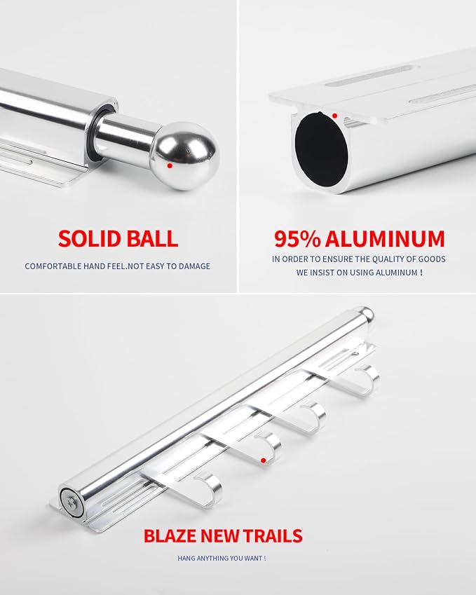 BaiNong Valet Rod for Closets Pull Out 12" Silver with 4 Hooks | Closet Valet Rod Slide Out for Closets, Laundry Rooms, RVs Space-Saving