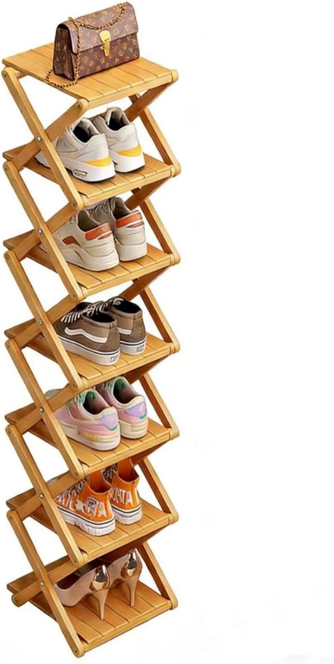 Bamboo Shoe Rack - No Assembly Required, Tall Narrow Foldable Shoe Organizer, Space-Saving Multifunctional Shelf for Entryways, Corners, Bedrooms, Balconies, 7 Layer(Reinforced and Thickened)