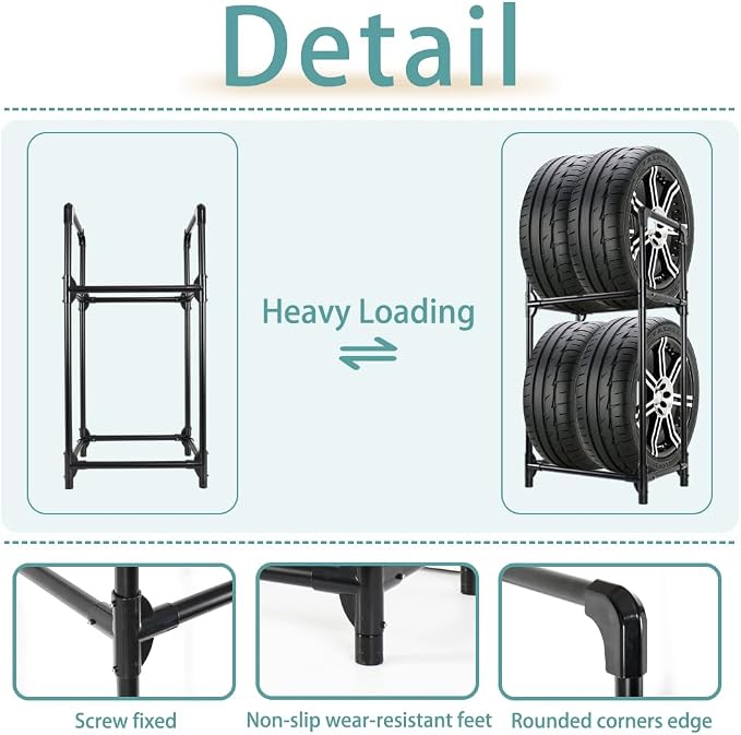 Hershii Tire Rack, Tire Storage Rack Stand Garage Storage Shelf Organizer | Rolling Tire Rack for Indoor Outdoor Use - Black, Metal 22.51'' X 14.16'' X 45.11''