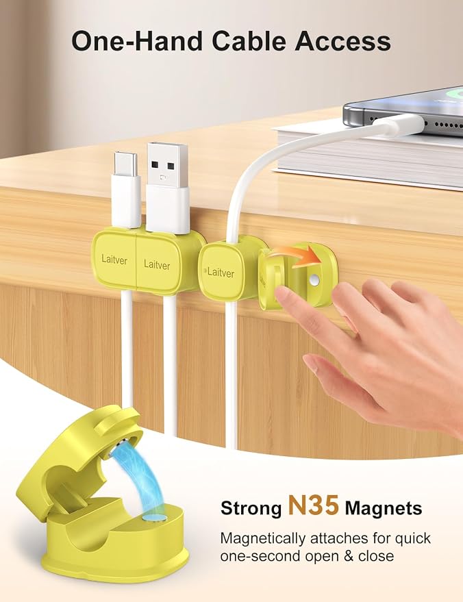 6 Pack Magnetic Cable Clips [1s Open/Lock], Cord Organizer Holder | Strong Adhesive Desk Cable Management- Organize Charging Cords Neatly for Home, Office, Car,Desk, Nightstand-Emerald Green