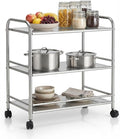 Heavy-Duty NSF 301 Stainless-Steel Rolling Cart – 3-Tier with White Protective Film & Locking Wheels | Commercial Wire Shelving for Kitchen