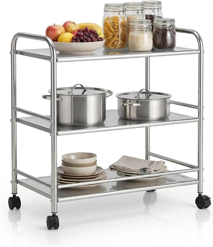 Heavy-Duty NSF 301 Stainless-Steel Rolling Cart – 3-Tier with White Protective Film & Locking Wheels | Commercial Wire Shelving for Kitchen