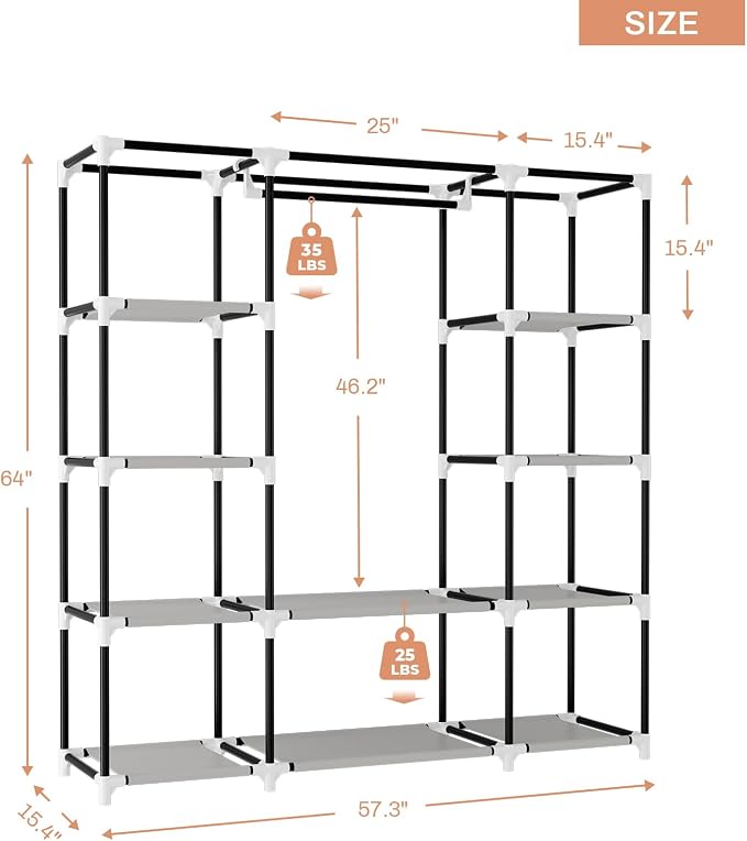 VTRIN Portable Closet Wardrobe for Hanging Clothes 57.3 Inch Large Capacity Clothes Rack with Cover, 10 Storage Organizer Shelves, 1 Hanging Rods and 6 Pockets, Free Standing Closet, Printing