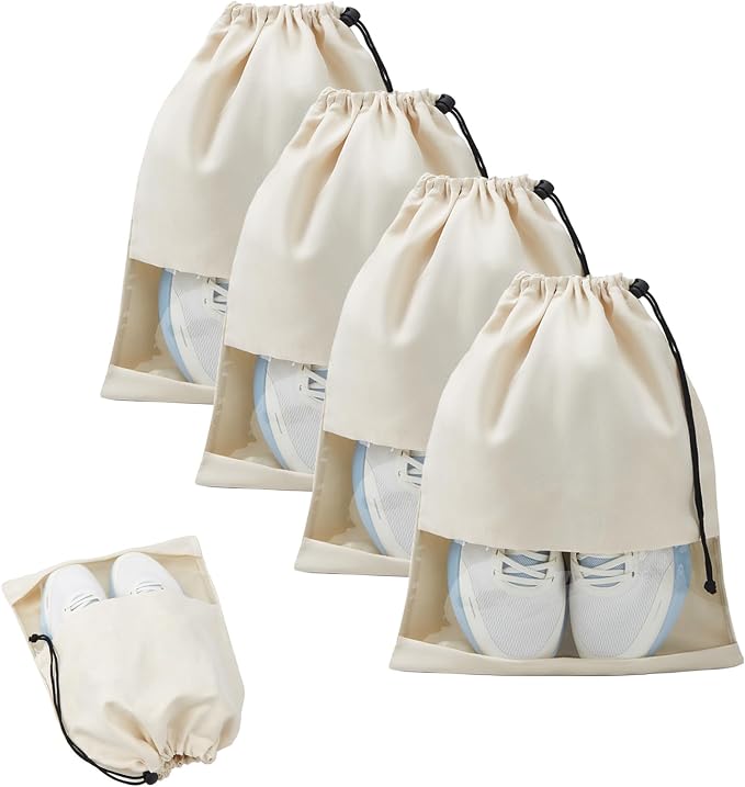 4 Pcs Shoe Bags for Travel with Clear TPU Window, 13.8"x17.7" Dustproof Travel Shoe Bags, Drawstring Travel Shoe Storage Bags for Men & Women (Beige)