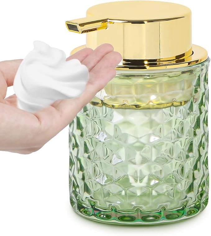10 Oz Glass Hand Soap Dispenser with Pump, Refillable Bathroom Gold Foaming Soap Dispenser, Vintage Glass Diamond Lotion Container Bottle for Bathroom and Kitchen (1, Green and Gold)