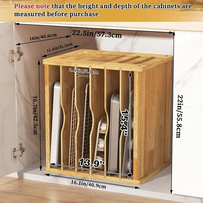 7 Tier Rubber Wood Tray Dividers for Cabinets, Heavy Weight Kitchen Vertical Tray Divider Organizer, Storing pans, Baking trays, Cutting Board(16.7" W x 16.1" H x 12.4" D)
