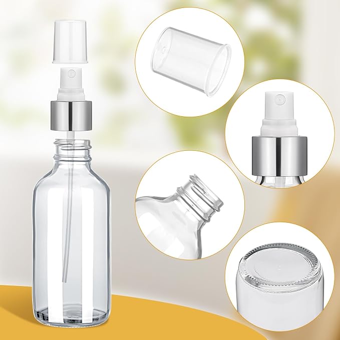 Maxcheck 50 Pieces 4oz Glass Spray Bottles for Essential Oil Small Empty Spray Mist Bottle Empty Fine Mist and Refillable Mister Refillable Liquid Containers for Perfumes, Cleaning(Clear, Silver)
