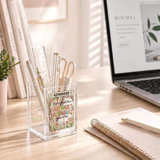 Reminder Never Forget How Wildly Capable Acrylic Pencil Holder Cup | Inspirational Gifts for Women Coworker Boss Nurse Bestie, Motivational Wildflower Makeup Brush Organizer, Retirement Gifts